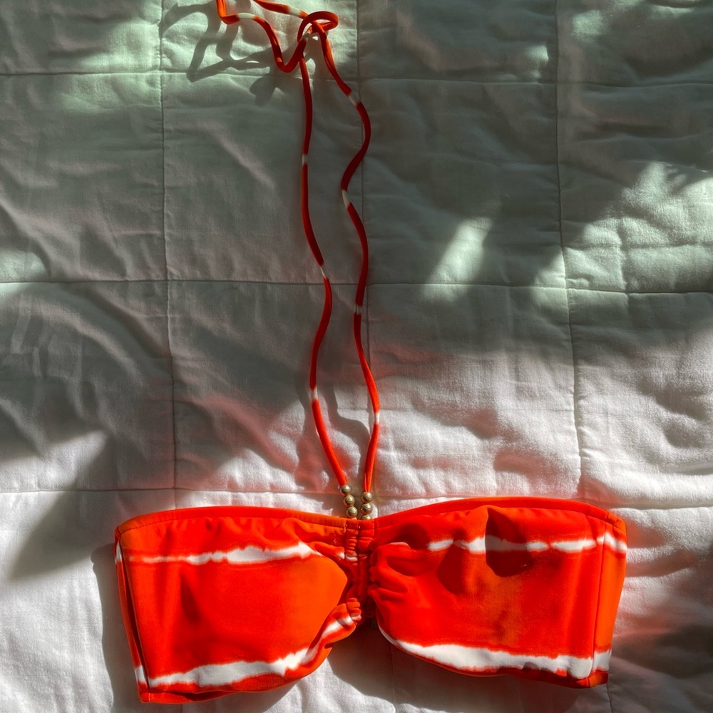 Ralph Lauren Orange & White Tie-Dye Padded Bandeau Halter Strap Bikini Top - S